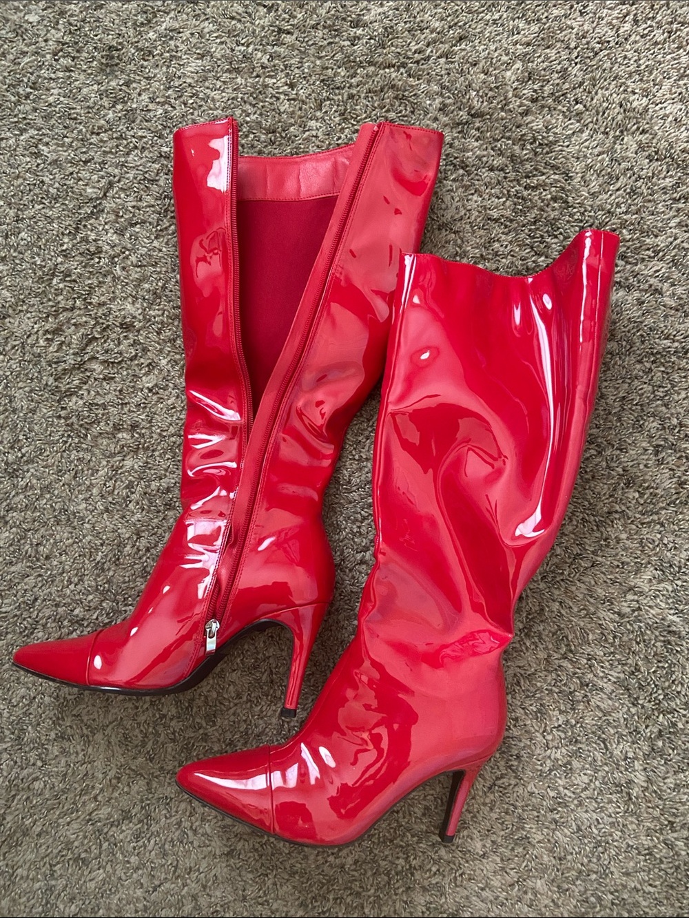 Red Patent Knee-High Stiletto Boots